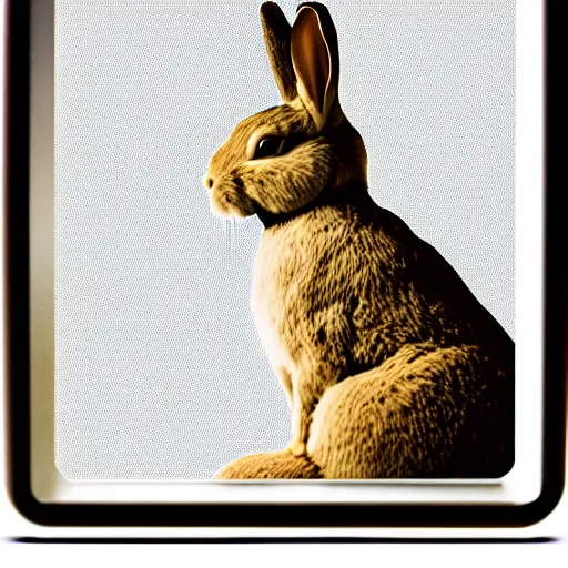 Image similar to profile portrait of a rabbit looking in a mirror, dark room, top lit