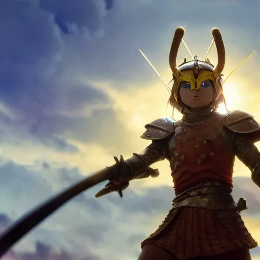 Image similar to a ultra detail picture portrait of A giant warrior in shimmering armor wielding a legendary sword, the sun at their back, strides forward with sword held high. They are the embodiment of courage and strength, and they are ready to fight for what is right. vivid tones, wide angle, by miyazaki, nausicaa ghibli, 8k, photorealistic,