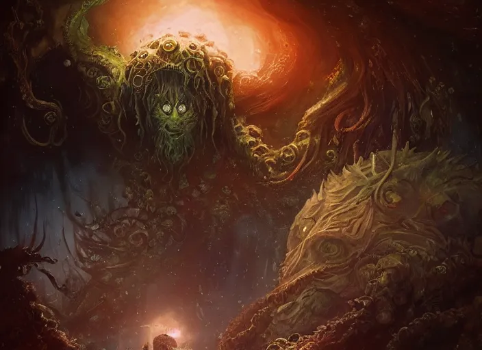 Image similar to my children bed with a giant cthulhu eyes in the night star forest by gaston bussiere, anna nikonova aka newmilky, greg rutkowski, yoji shinkawa, yoshitaka amano, donato giancola, geoffroy thoorens, trending on artstation, featured on pixiv, cinematic composition