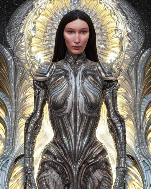 Image similar to a highly detailed metahuman 4 k close up render of an alien goddess bella hadid as alien in iris van herpen dress schiaparelli in diamonds crystals swarovski and jewelry iridescent in style of alphonse mucha gustav klimt trending on artstation made in unreal engine 4