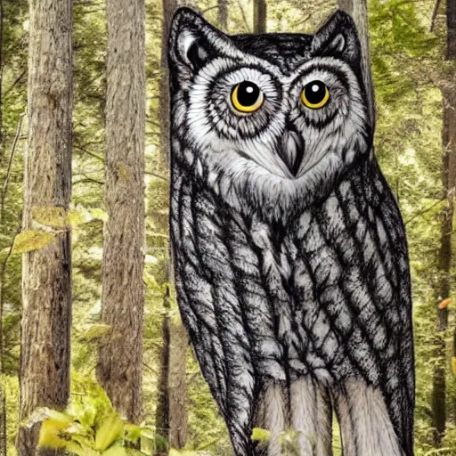 Prompt: mixture between an! owl and wolf, captured in a forest