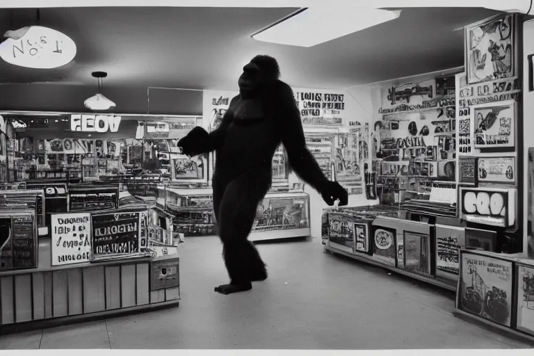 Image similar to Large gorilla shopping, inside of a 1970s music store store, neon lights, dirty, ektachrome photograph, volumetric lighting, f8 aperture, cinematic Eastman 5384 film