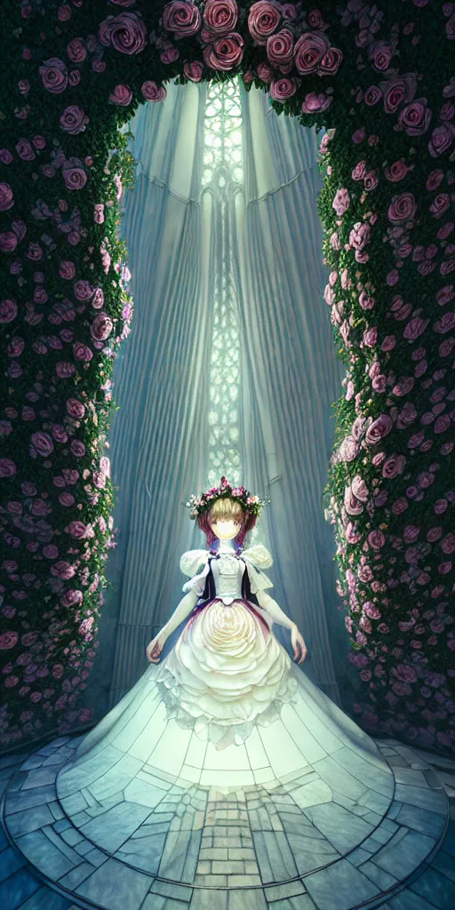 Prompt: the beautiful hyperdetailed physical rendering of a single rose flower wedding gothic lolita dress clothing design display in show in front of your eyes, perfectly shaded, atmospheric lighting, in the style of makoto shinkai, raphael lacoste louis comfort tiffany, stanley artgerm lau, wlop, rossdraws, 8 k hd, fine texture structure, 3 drender,