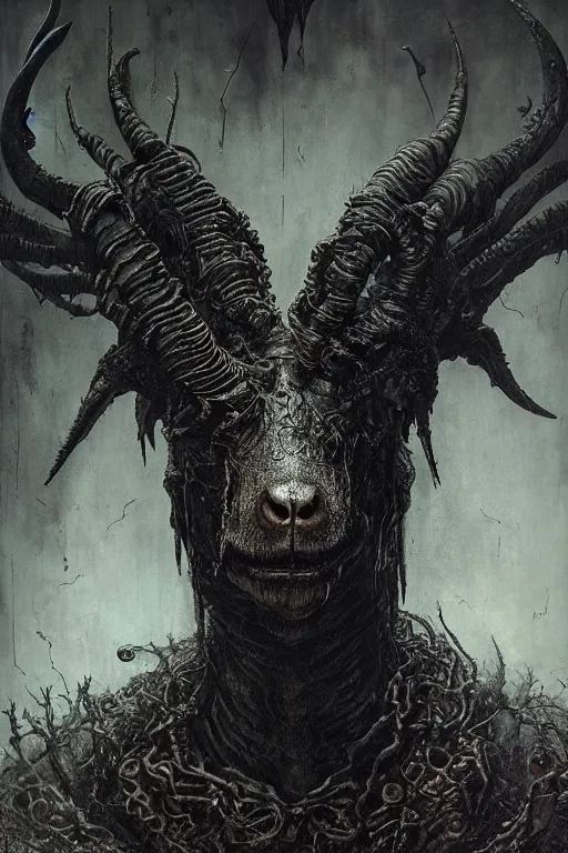 Prompt: portrait of the black goat of shub niggurath by hr giger, greg rutkowski, luis royo and wayne barlowe as a diablo, resident evil, dark souls, bloodborne monster