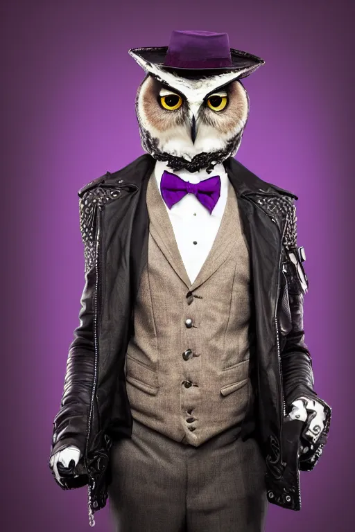 Prompt: one charming looking owl wearing black biker jacket, portrait photo, backlit, background rich purple, studio photo, suit, bow tie, tophat, tophat