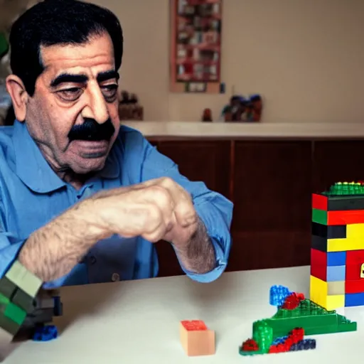 Prompt: saddam hussain playing with lego, realistic, award winning, photography,