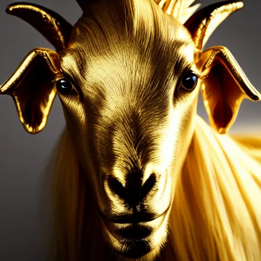 Image similar to portrait of a golden goat, beautiful portrait, studio lighting, 4 k, masterpiece cannon, boka