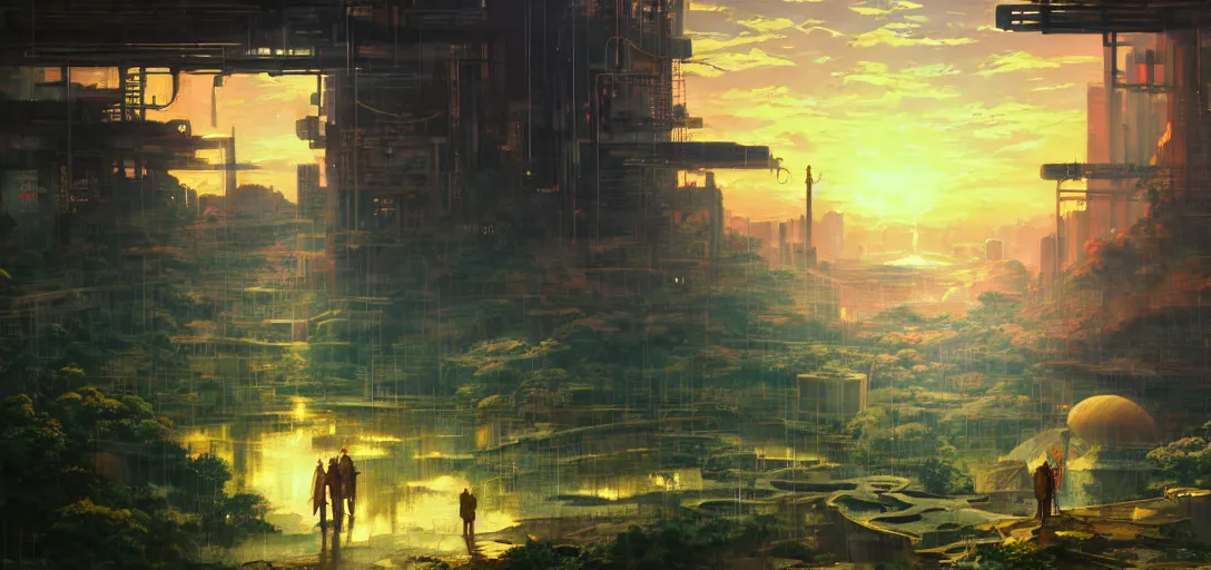 Image similar to baroque oil painting of anime key visual environment of a eden in a cyberpunk world, brutalist, dark fantasy, sunset, rule of thirds, digital cel shading, fake hidden detail, trending on pixiv fanbox, style of makoto shinkai studio ghibli jamie wyeth james gilleard greg rutkowski