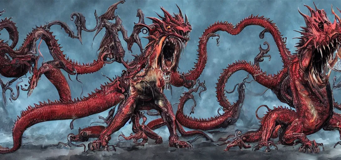 Image similar to concept art of dragon attack, lovecraftian, lots of teeth, melting horror, feathers, fighting the horrors of the unknown with laser guns