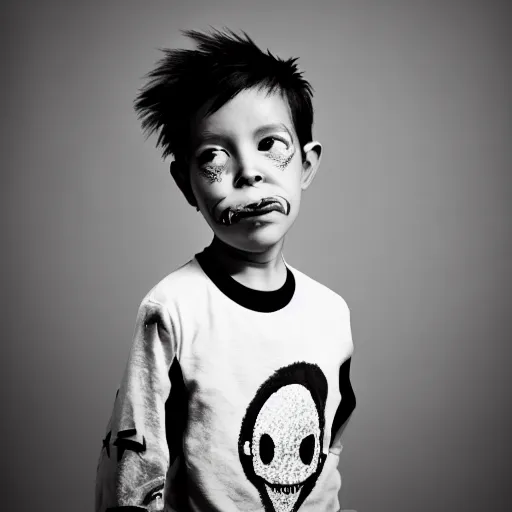 Prompt: the face of punk rock alien boy at 3 years old wearing balenciaga clothing, black and white portrait by julia cameron, chiaroscuro lighting, shallow depth of field, 8 0 mm, f 1. 8