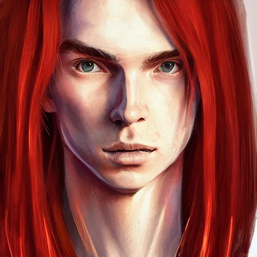 Image similar to portrait of a thin young man with long red hair, ponytail, a lot of freckles on his face, an earring, intricate, elegant, glowing lights, highly detailed, digital painting, artstation, concept art, smooth, sharp focus, illustration