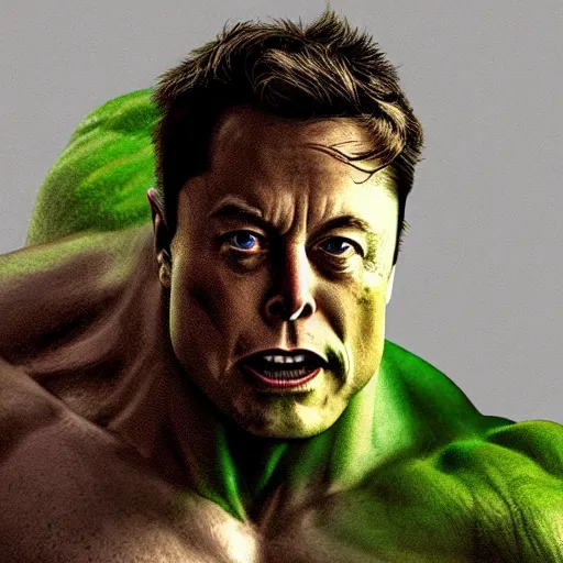 Image similar to elon musk as the incredible hulk, trending on artstation, ultra realistic, portrait, only head and shoulders, fine detail, intricate hair, fine textures, soft shadows, hdr, digital art