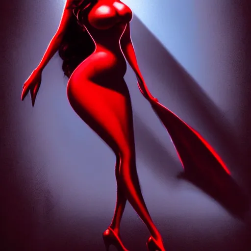 Prompt: femme fatal noir jessica rabbit red dress, character portrait, sharp, digital matte painting, art by luis royo, greg rutkowski, wlop, dramatic lighting, trending on artstation