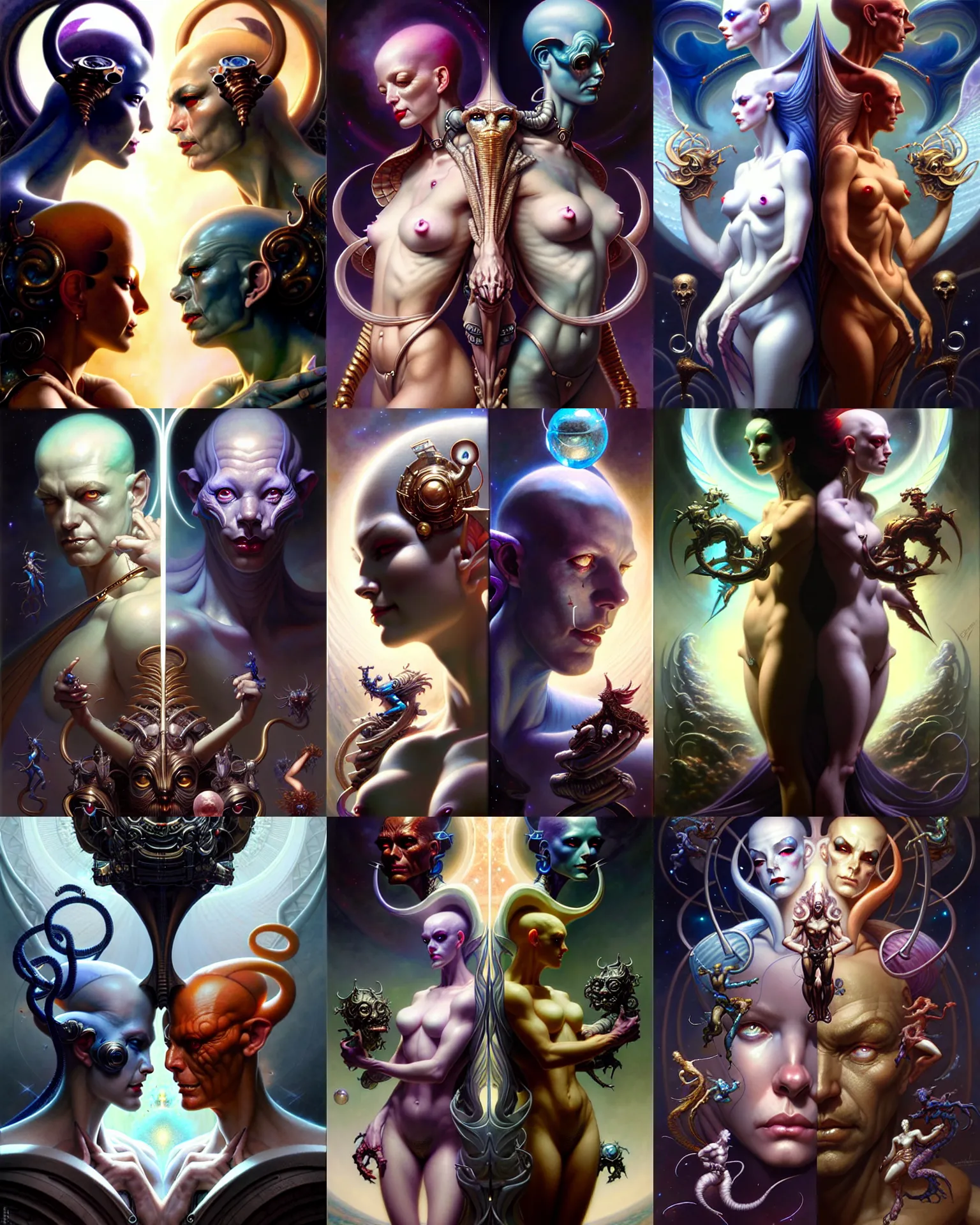 Image similar to beautiful gemini good and evil, happy and sad faces, fantasy character portrait, ultra realistic, wide angle, intricate details, the fifth element artifacts, highly detailed by peter mohrbacher, boris vallejo, hajime sorayama, wayne barlowe, aaron horkey, gaston bussiere, craig mullins