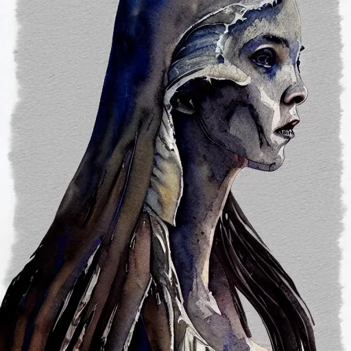 Prompt: full body detailed watercolor illustration of alien anya taylor - joy mixed with jennifer connelly, unsettling, hooded long black feathered cloak, uncanny valley, with black feathers instead of hair, gothic, guillermo del toro, gray mottled skin, pale and sickly, profile view, - - ar 9 : 1 6