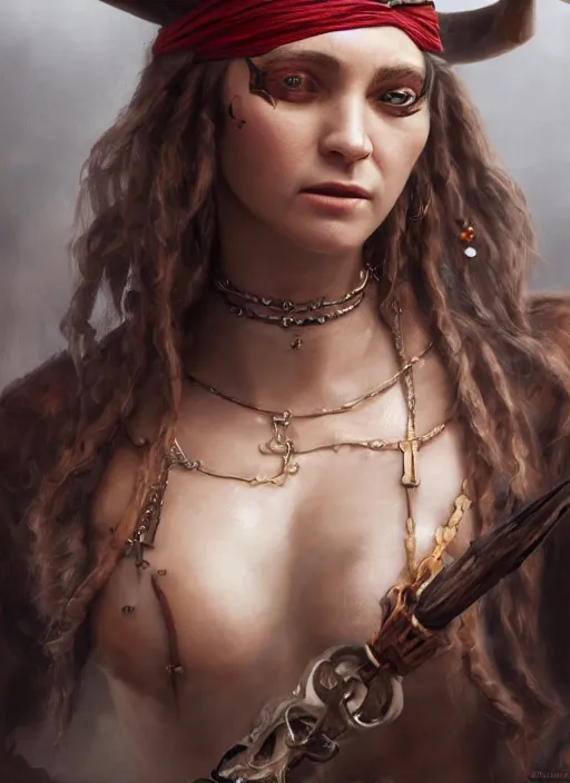 Prompt: detailed full body concept art dull oil painting of a pirate female, beautiful face, realistic hands, elegant pose, fantasy, illustration, insanely detailed and intricate clothing, octane render, 4k