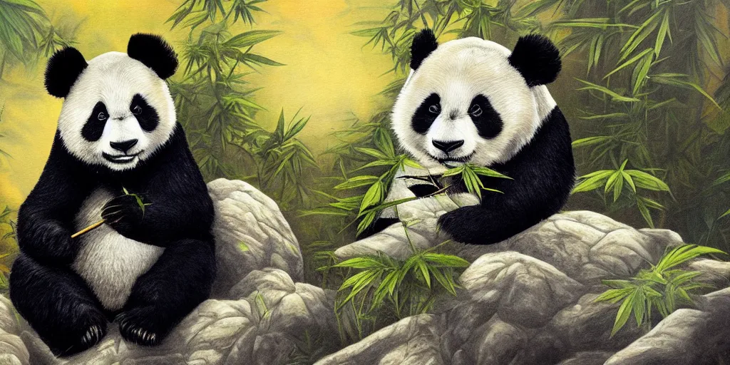 Prompt: Panda smoking marijuana looking into the distance over a cliff at endless crystal structures, a surrealist painting by Chris Rheiman.