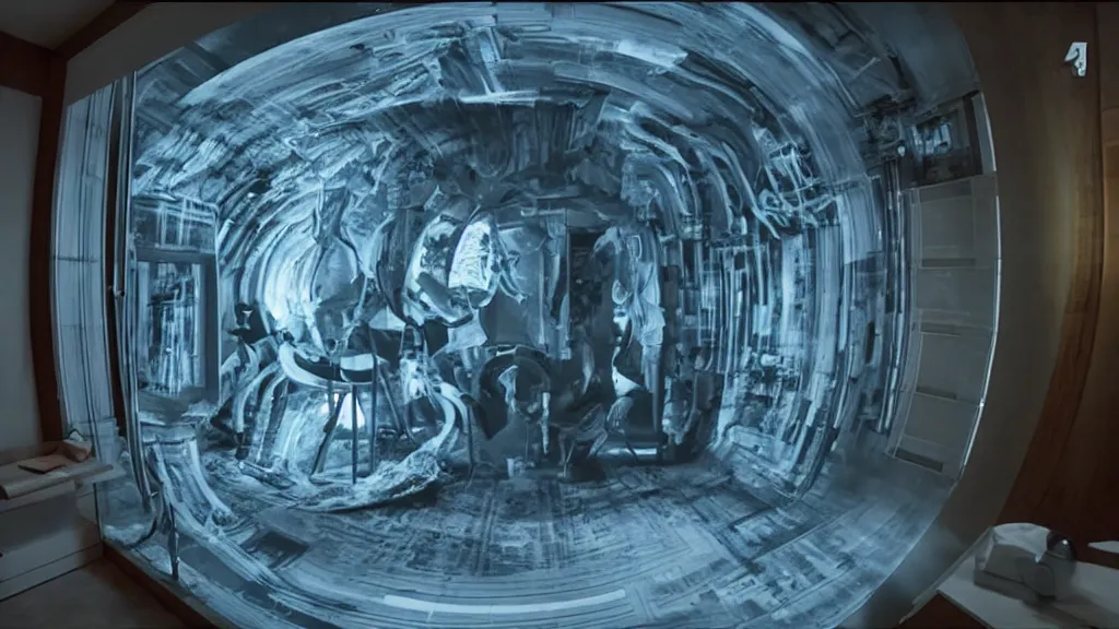 Image similar to an mri image open mri exposed uncovered machine portal in the living room, film still from the movie directed by denis villeneuve with art direction by salvador dali, wide lens