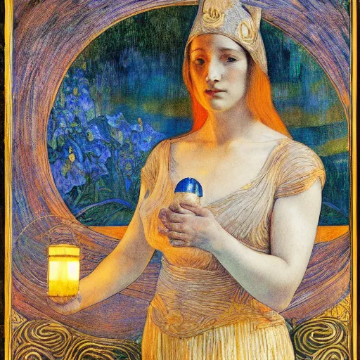 Prompt: the dawn queen with her lantern, by annie swynnerton and diego rivera and elihu vedder, symbolist, dramatic lighting, elaborate geometric ornament, art brut, smooth, sharp focus, extremely detailed, leo and diane dillon, adolf wolfli, soft pastel colors