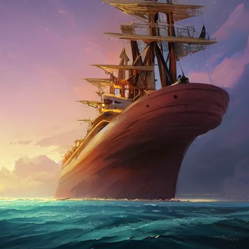 Prompt: a large ship floating on top of a body of water, , cgsociety, fantasy art, 2d game art, official art, concept art , behance hd , concept art by Jesper Ejsing, by RHADS, Makoto Shinkai