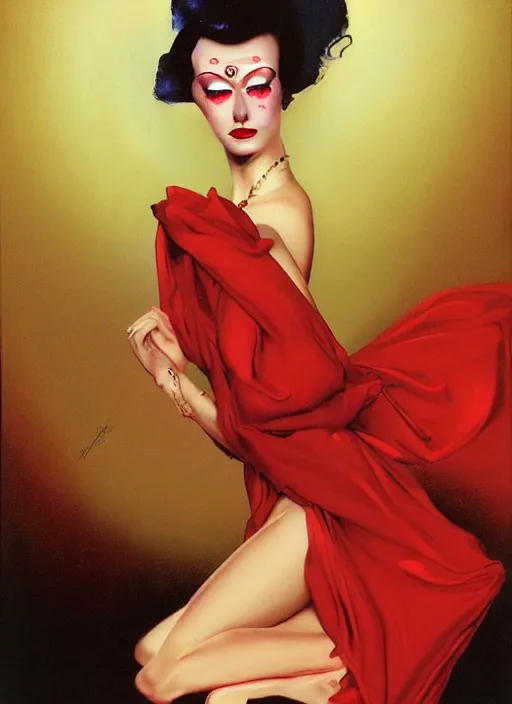 Image similar to an 8 0 s portrait of a woman with dark eye - shadow and red lips with dark slicked back hair dreaming acid - fueled hallucinations by serge lutens, rolf armstrong, delphin enjolras, peter elson, red cloth background