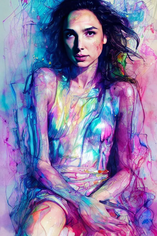 Prompt: gal gadot by agnes cecile enki bilal moebius, intricated details, sitting on table, full body portrait, extremely luminous bright design, pastel colours, drips, autumn lights