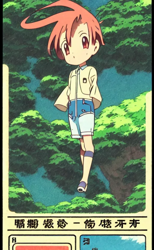 Prompt: a pocket monster go card from 1 9 5 0, illustration, clear sky background, lush landscape, concept art, anime key visual, trending pixiv fanbox, by wlop and greg rutkowski and makoto shinkai and studio ghibli and kyoto animation and ken sugimori, symmetrical facial features, short hair, hair down, beetle breeder, box art