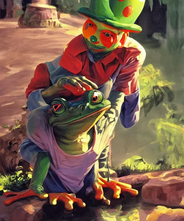 Prompt: frog boy farmer finds the clown crown in the dirt, clown crown, moment of destiny, painting by Syd Mead, cinematography by Robby Müller