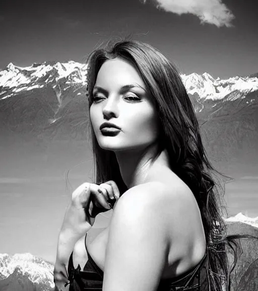 Image similar to hyper realistic tattoo design of a very beautiful woman against a background of beautiful mountains and nature, in the style of den yakovlev, amazing detail, black and white