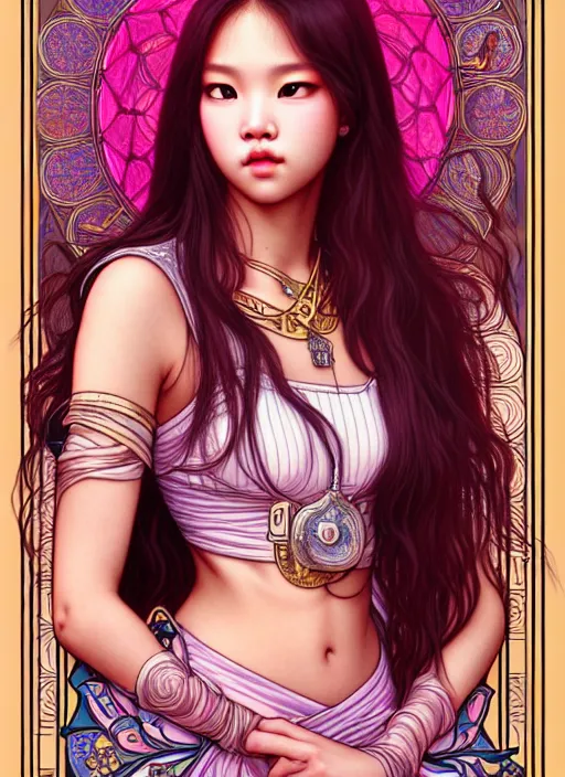 Image similar to jennie manoban of blackpink, tarot card, highly detailed, digital painting, smooth, sharp focus, illustration, ultra realistic, 8 k, art by artgerm and alphonse mucha