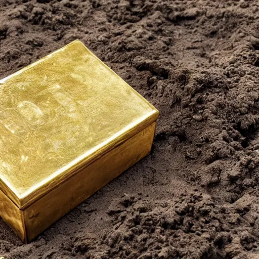 Prompt: a wooden box full of gold treasure, partially buried in mud