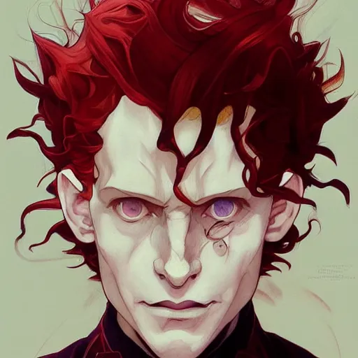 Image similar to hisoka, young tom hiddleston, cel - shaded animesque art by artgerm and greg rutkowski and alphonse mucha, smooth white skin, smirking face, reddish hair, d & d, fantasy, feminine portrait, highly detailed, digital painting, trending on artstation, concept art, sharp focus, illustration