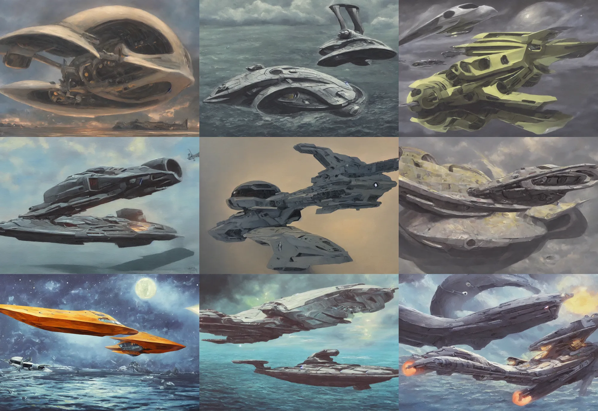 Prompt: oil painting of a cute alien fighter starship half buried in a lake