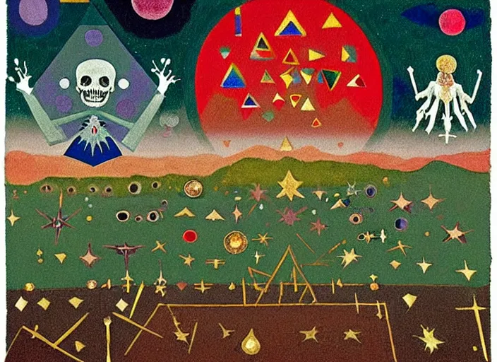 Image similar to pixel decollage painting tarot lovers card composition tower of babel road red armor wonky alien frog and maggot vampire clown knight on a skeleton pale horse in a dark green cloudy night sky with golden foil jewish stars and diamonds, mountain lake and blossoming field in background, painted by Mark Rothko, Helen Frankenthaler, Danny Fox and Hilma af Klint, pixelated, neo expressionism, semi naive, pastel colors, cinematic, color field painting, cave painting, voxel, pop art look, outsider art, minimalistic. Bill Traylor painting, part by Philip Guston, Amano and Francis Bacon. art by Adrian Ghenie and Storm Thorgerson, very coherent symmetrical artwork, cinematic, hyper realism, high detail, octane render, unreal engine, Smooth gradients, depth of field, full body character drawing, extremely detailed, 8k, extreme detail, intricate detail, masterpiece