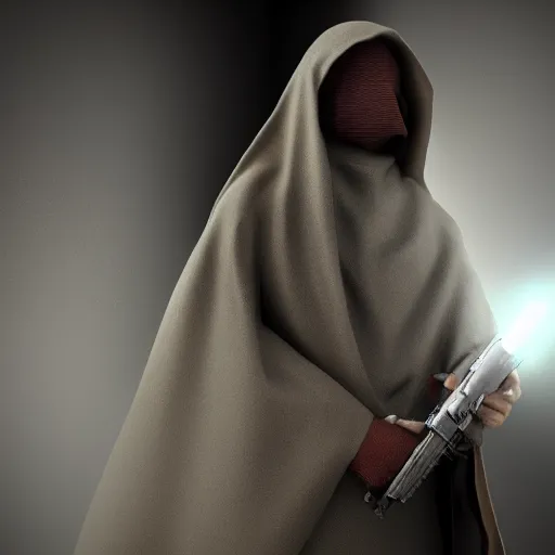 Image similar to a figure shrouded in a cloak, one hand comes out holding a handgun, 4 k, photorealistic