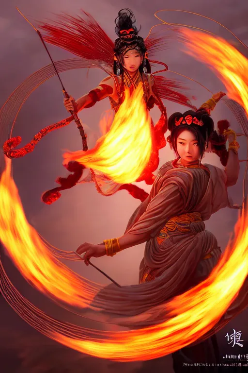 Image similar to nezha flies around swiftly on his wind flame circles in ruin chinese city, masterpiece, chinese mythology, top view, cinematic, fantasy character portrait, highly detailed, by new gods : nezha reborn, nezha : birth of the demon child, ne zha from smite, trending on artstation, concept art, flame everywhere,