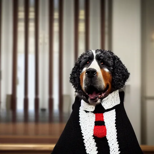 Image similar to a closeup photorealistic photograph of a smiling knitted bernedoodle judge dog dressed in a black gown, presiding over the courthouse. indoors, professional capture, well lit shot. this 4 k hd image is trending on artstation, featured on behance, well - rendered, extra crisp, features intricate detail, epic composition and the style of unreal engine.