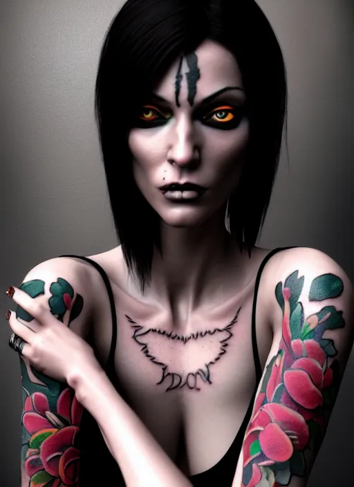 Image similar to a woman with tattoos is posing for a picture, cyberpunk art by bernardino mei, zbrush central, gothic art, daz 3 d, goth, dark and mysterious