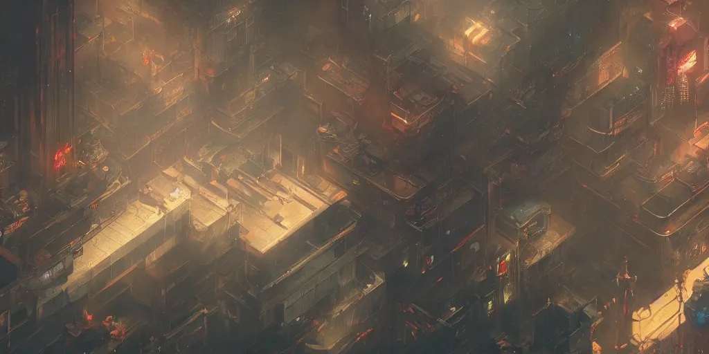 Image similar to a painting of a cinematic keyframe of a cyberpunk dystopian city, arcane league of legends like seen from above, cenital shot, by greg rutkowski, rule of thirds, golden ratio, ambient lighting, wlop, artgerm, artstation, highly detailed masterpiece, dark fantasy art, high detail, trending on artstation