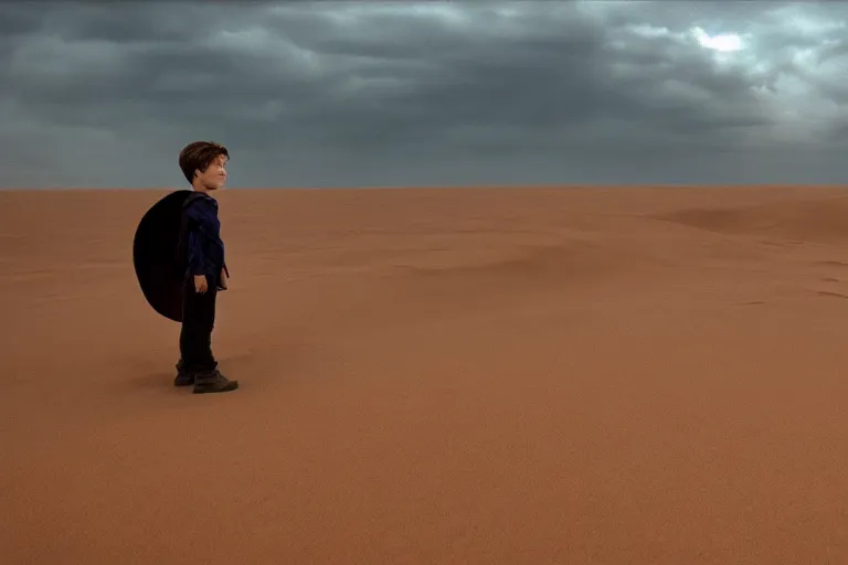 Prompt: a cinematic wide angle shot of a boy in the movie dune, in a serene vast desert, stormy weather, dry, film still, cinematic, movie still, dramatic lighting, 1 6 : 9 ratio