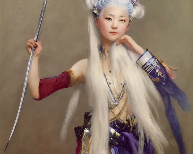 Image similar to a young japanese princess lady with white hair and bangs!!!!, posing with a sword, white hair highly detailed painting by gaston bussiere, craig mullins, j. c. leyendecker 8 k