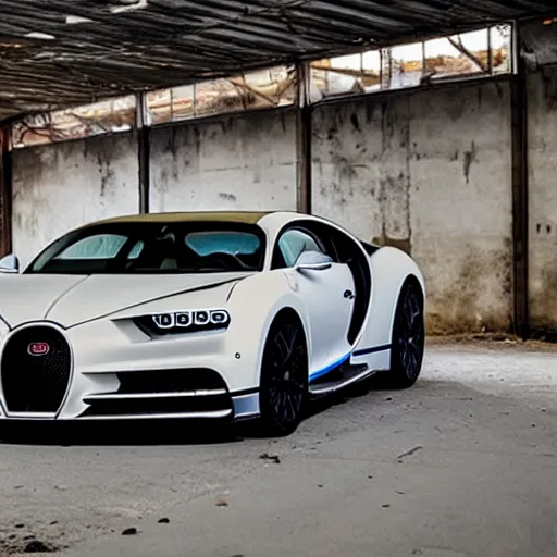 Image similar to an abandoned, derelict, rusty bugatti chiron in a dirty warehouse