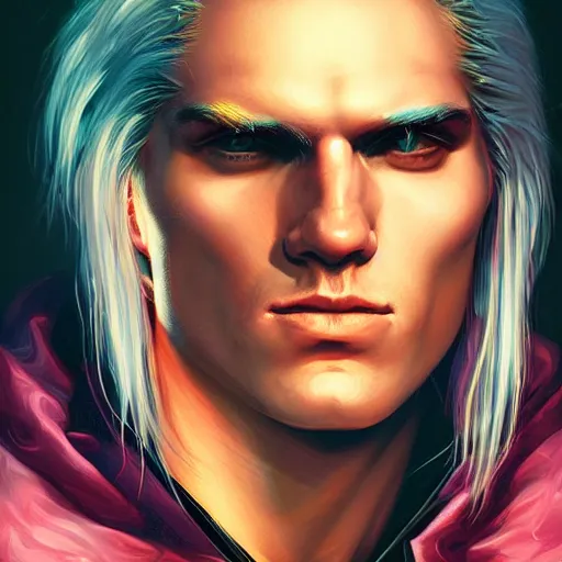 Image similar to Lofi vaporwave cyberpunk portrait of Geralt of Rivia, closeup, Tristan Eaton, Tom Bagshaw