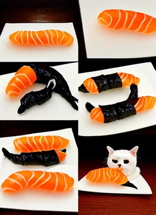 Image similar to clear photorealistic picture of adorable cats made out of sushi