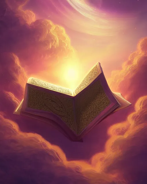 Image similar to the quran descending from the galaxy into clouds highly detailed, gold filigree, romantic storybook fantasy, soft cinematic lighting, award, pastel color palette, featured on artstation