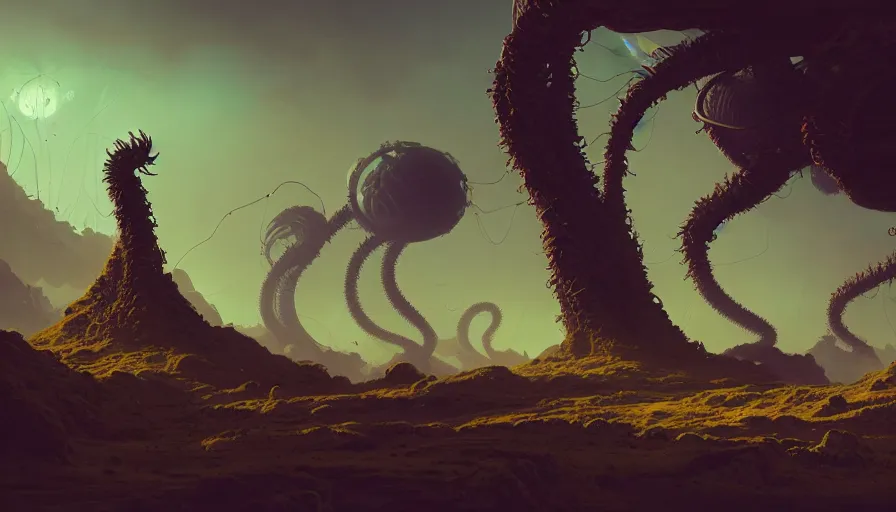 Image similar to highly detailed matte painting of a weird cryptobiological tangled alien landscape by atey ghailan, by greg rutkowski, by greg tocchini, by james gilliard, by joe fenton, purple, brown, black and yellow color scheme, octane render