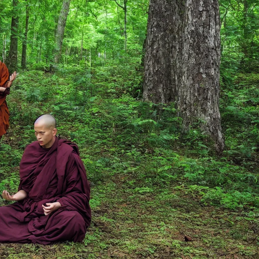 Image similar to a technobudist monk with a high-tech headset meditating in a forest