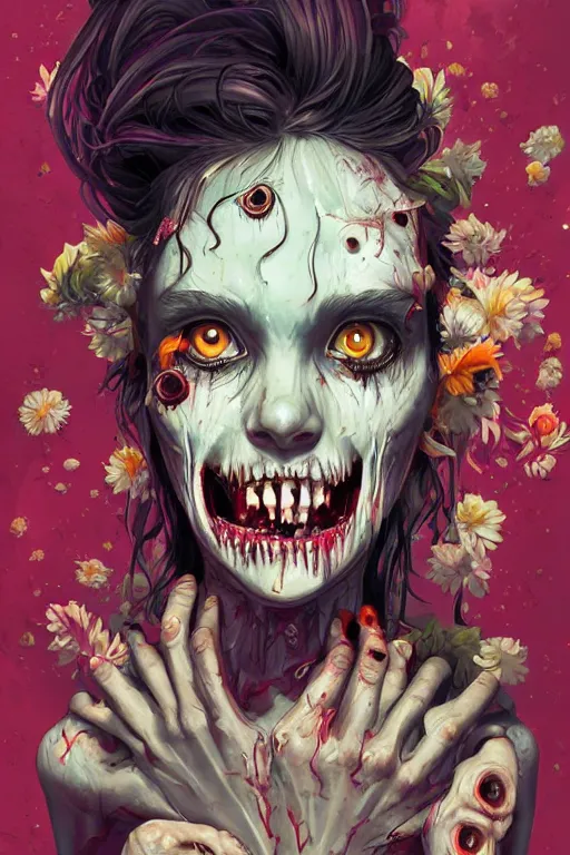 Prompt: a smiling cute zombie woman undead peeling skin and disheveled hair, tristan eaton, victo ngai, artgerm, rhads, ross draws