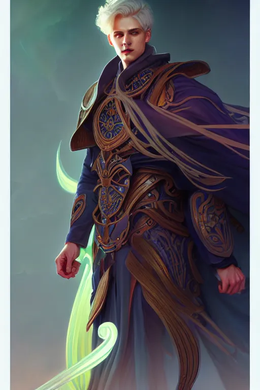 Image similar to male aasimar warlock, highly detailed, digital painting, artstation, sharp focus, illustration, art by tan zi and ayanamikodon and alphonse mucha and wlop