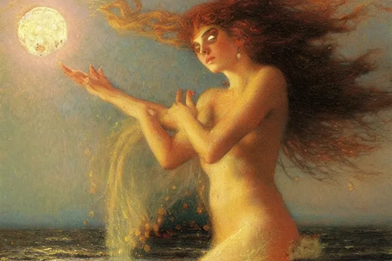 Image similar to portrait of the personification of the moon, goddess of the tides. art by gaston bussiere.